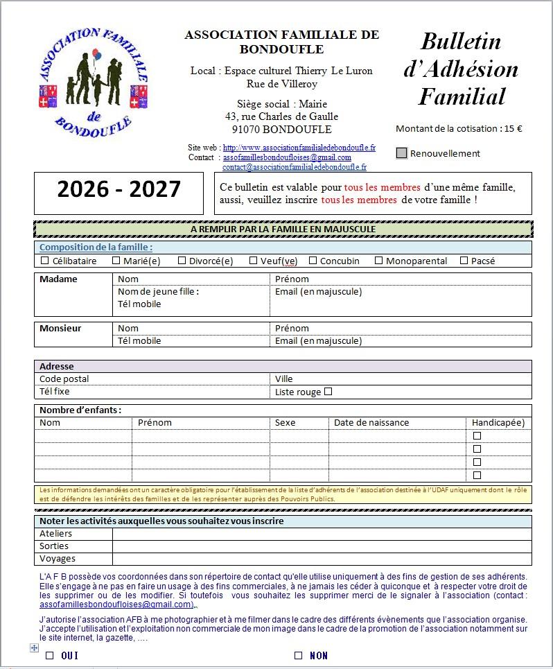 Bulletin adhésion 2026 2027